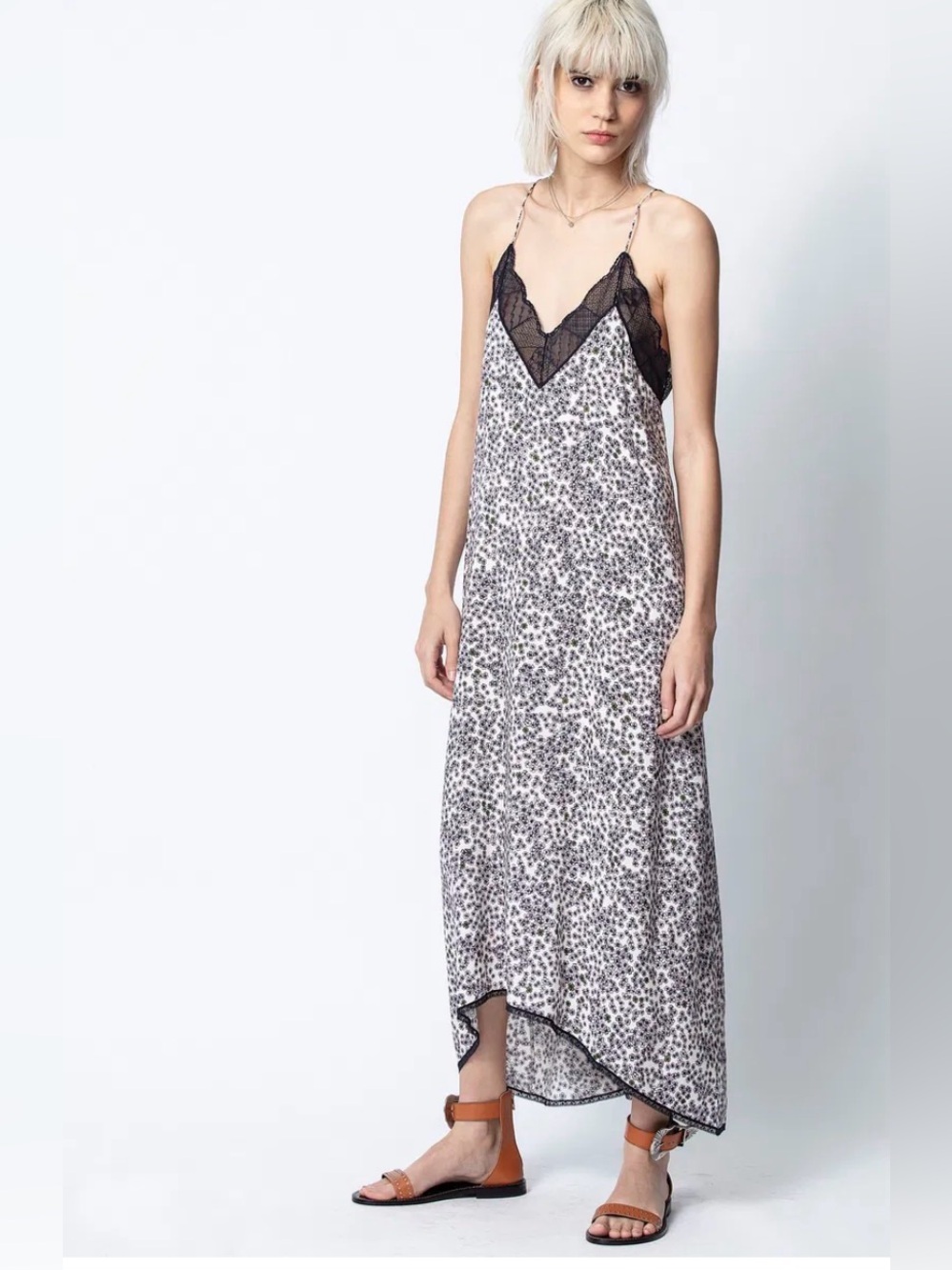 Zadig & Voltaire Risty Blossom Slip Maxi Dress in pink with black lace - Picture 3 of 13